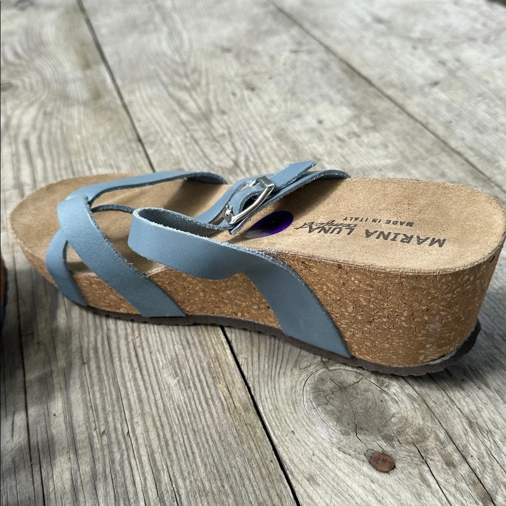 Marina Luna Blue Leather Cork Wedge Sandals